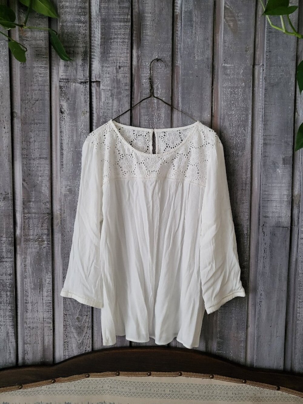 White Viscose Eyelet Lace Crochet Yoke Blouse Top M